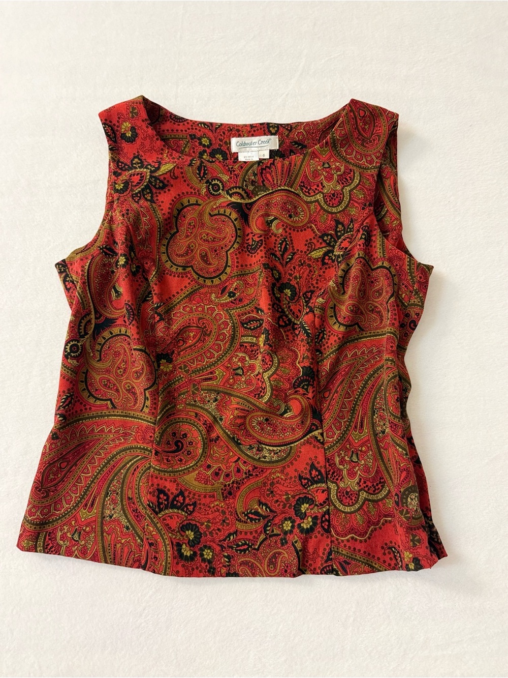 Coldwater Creek Rust Red Paisley Boat Neck Side Zip Tank Shell Top 6